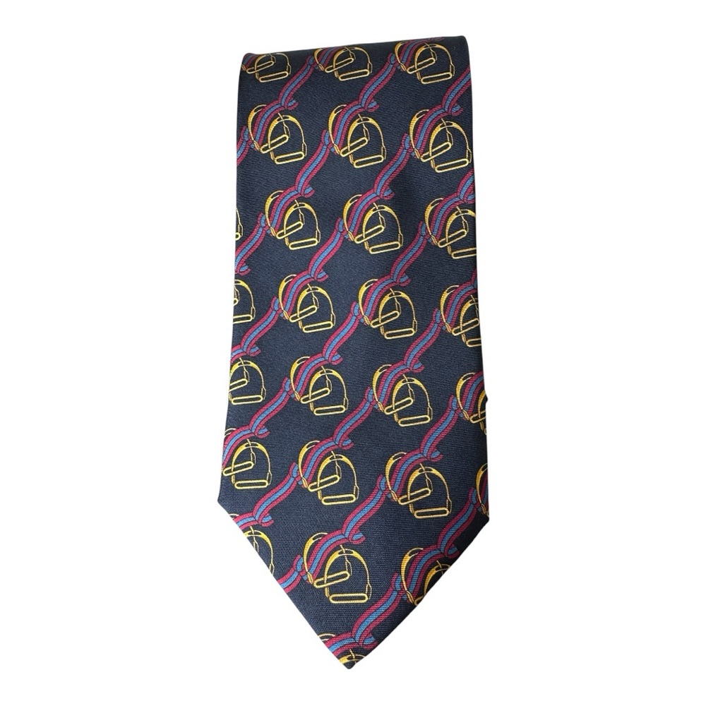 Paolo Gucci Equestrian Silk Neck Tie Navy Blue Horse Stirrups Made In Italy